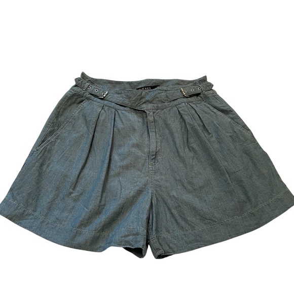 Ralph Lauren High Waist Pleated Chambray Shorts - Size 14-Side buckles-Pockets - Picture 2 of 12
